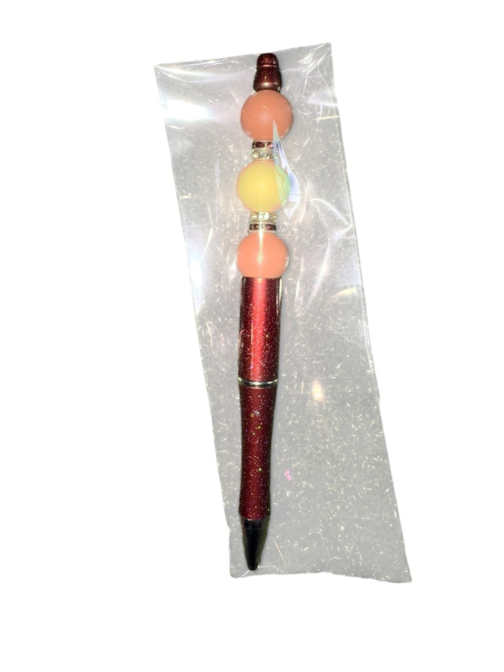 Glitter Red Bead Top Ballpoint Pen - Peach & Yellow Beads